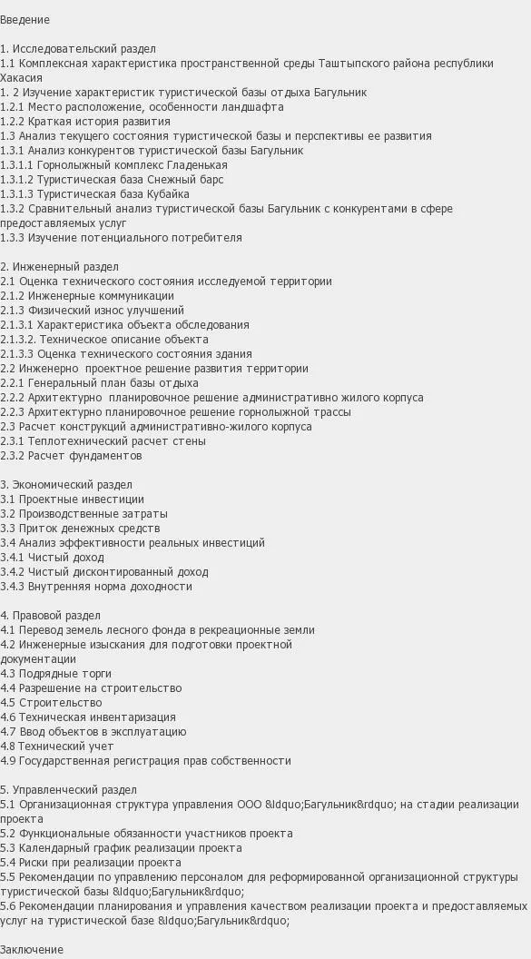 Содержание: Проект №1-135 "Развитие территории базы отдыха" * по специальности ЭиУН